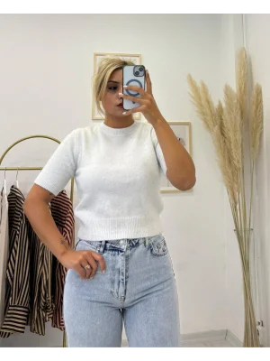 Kısa Kollu Yumuşak Dokulu Sim/Pul Detaylı Triko Üst - Ekru/Krem