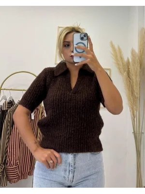 Polo Yaka Kısa Kollu Angora Efektli Triko Kazak Kestane Kahve
