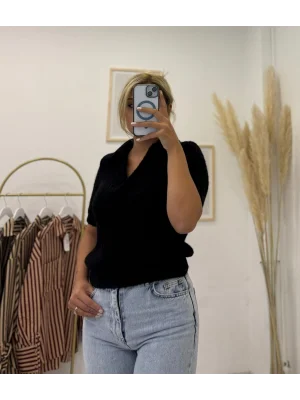 Polo Yaka Kısa Kollu Angora Efektli Triko Kazak Siyah