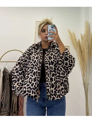 Leopar Desenli Oversize Fermuarlı Ceket