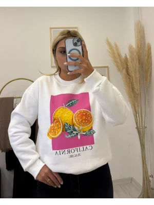 Meyve İşlemeli Grafik Baskılı Oversize Sweatshirt - Beyaz