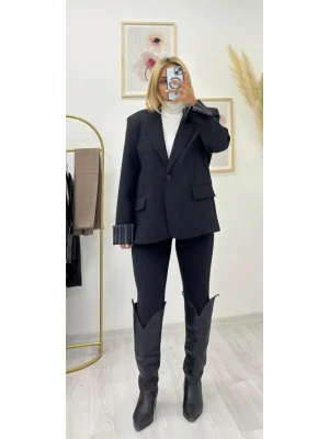 Siyah Çizgili Astarlı Oversize Blazer Ceket