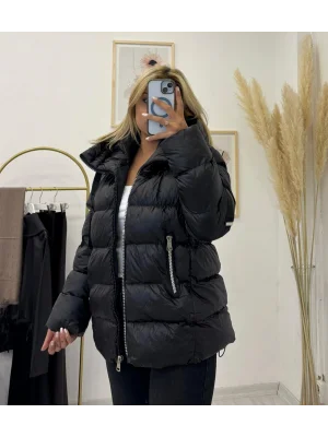 Kapüşonlu Fermuarlı Şişme (Puffer) Mont - Siyah
