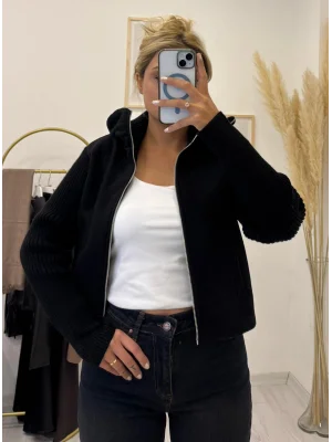 Triko Kollu Kısa (Crop) Fermuarlı Ceket - Siyah
