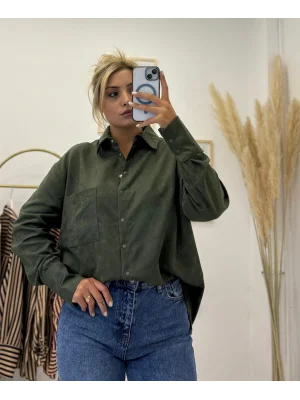Oversize Tek Cepli Süet Görünümlü Gömlek - Haki