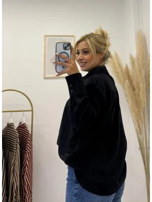 Oversize Tek Cepli Süet Görünümlü Gömlek - Siyah