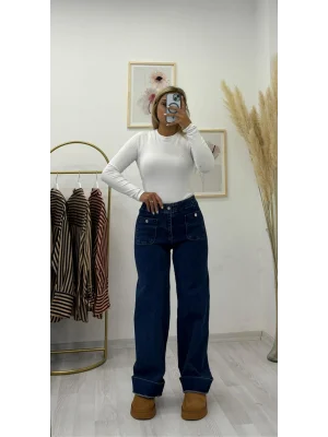 Wide Leg Yüksek Bel Cepli Jean Pantolon - Koyu Denim