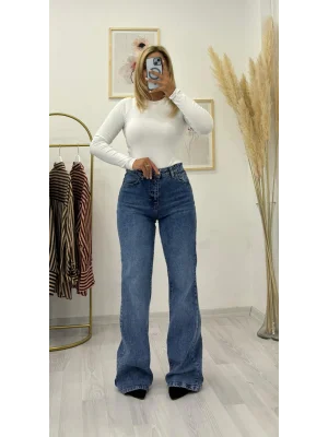 Orta Mavi Düz Kesim High Waist Jean Pantolon