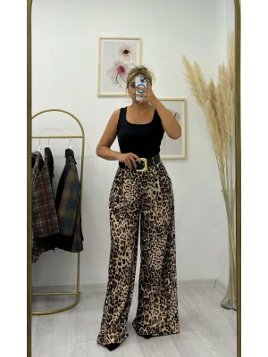 Akışkan Kumaşlı Leopar Desenli Palazzo Pantolon