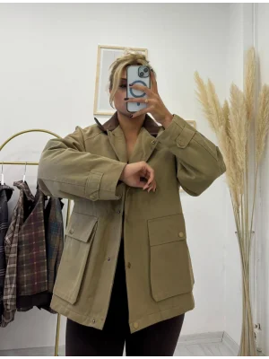 Kontrast Yaka Dört Cepli Kanvas Ceket - Bej/Haki