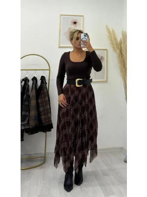 Kahverengi Ekose Desenli Pileli Midi Etek