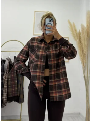 Kahverengi Ekose Desenli Flanel Oversize Gömlek