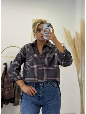 Antrasit Ekose Desenli Flanel Oversize Gömlek