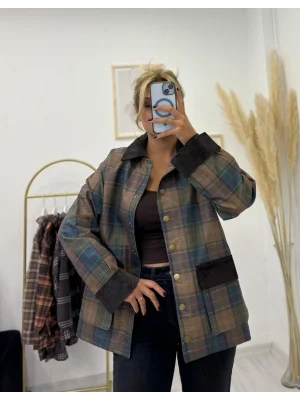 Kadife Detaylı Ekose Desenli Field Ceket