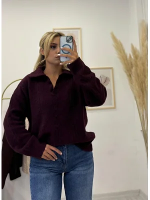 Oversize Vişne Çürüğü Tüylü Polo Triko