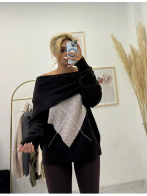 Oversize Düşük Omuzlu Baklava Desenli Triko Kazak - Koyu Kahverengi