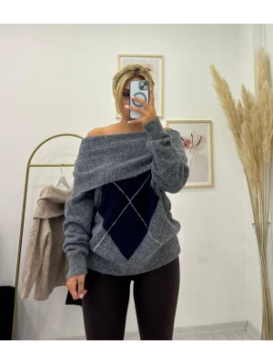 Oversize Düşük Omuzlu Baklava Desenli Triko Kazak - Gri