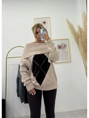 Oversize Düşük Omuzlu Baklava Desenli Triko Kazak - Bej