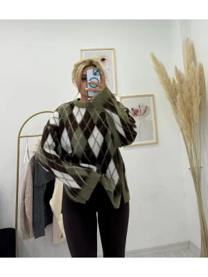 Baklava Desenli Triko Kazak - Haki/Kahve