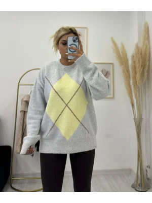 Argyle Desenli Oversize Kazak - Gri/Sarı