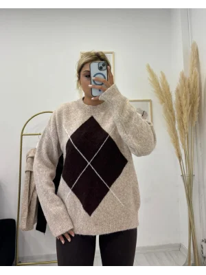 Argyle Desenli Oversize Kazak Bej/Kahverengi
