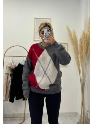 Argyle Desenli Oversize Kazak - Kırmızı/Gri