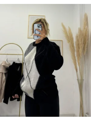 Argyle Desenli Oversize Kazak - Siyah/Gri