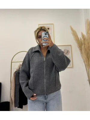 Gömlek Yaka Fermuarlı Triko Shacket - Gri