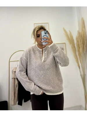 Oversize Düğmeli Henley Yaka Basic Triko Kazak - Bej/Ekru