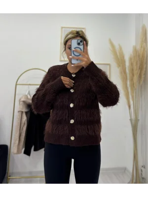 Tüylü Shaggy Triko Kısa Hırka - Gold Düğmeli Koyu Kahverengi