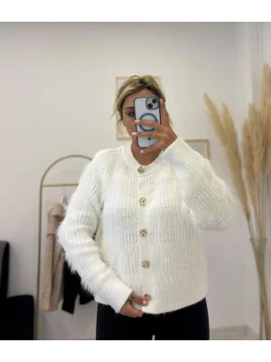 Tüylü Shaggy Triko Kısa Hırka - Gold Düğmeli Krem