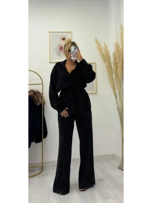 Full Taş İşlemeli Geniş Paça Pantolon ve Gömlek Takımı - Siyah