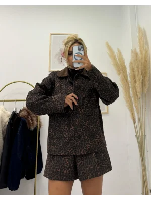 Leopar Desenli Kadife Yakalı, Tok Kumaş Ceket Gömlek ( Kombinlenebilir. )
