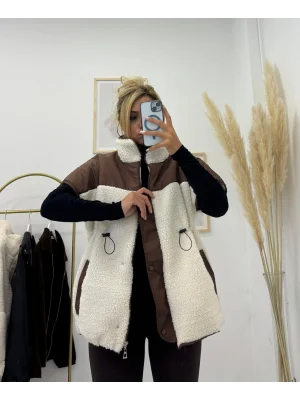 Renkli Bloklu Peluş (Teddy) Fermuarlı Dik Yaka Yelek