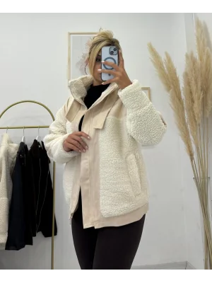 Peluş ve Kontrast Kumaş Detaylı, Dik Yaka Fermuarlı Mont Ceket - Ekru/Bej