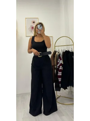 Yüksek Bel Tek Düğmeli Geniş Paça Süet Görünümlü Pantolon - Siyah