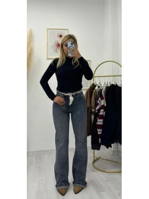 Fular Kemerli Yüksek Bel Düz Paça Jean - Füme Gri