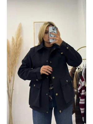 Safari Yaka Gold Düğmeli Tok Kumaş Mont - Siyah.