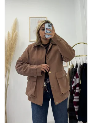 Safari Yaka Gold Düğmeli Tok Kumaş Mont - Taba