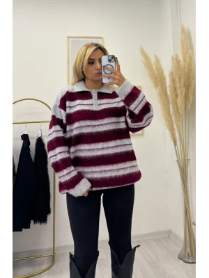 Polo Yaka Çizgili Tüylü Triko Kazak - Bordo Gri