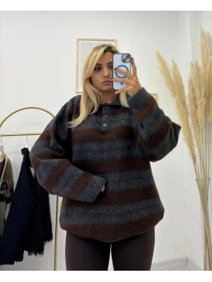 Polo Yaka Çizgili Tüylü Triko Kazak - Kahve Gri