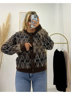 Desenli, Bisiklet Yaka, Pofuduk Düğmeli Hırka - Kahve Tonları