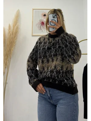 Desenli, Bisiklet Yaka, Pofuduk Triko Kazak - Kahve