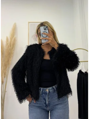 Shaggy Dokuma Kısa Ceket - Siyah