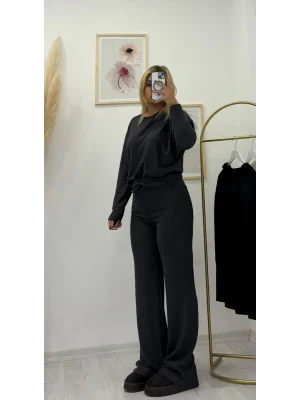 Bağlama Detaylı Bisiklet Yaka Triko Takım - Antrasit Gri