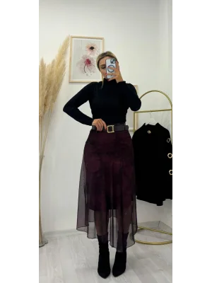 Mürdüm Tül Detaylı Kemerli Şık Etek