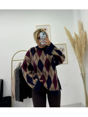 Baklava Desenli Triko Kazak - Bej/Bordo/Lacivert