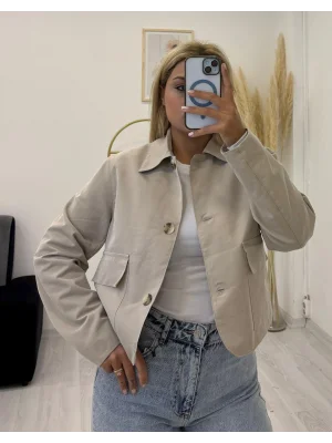 Crop Kesim Klasik Yakalı Büyük Cepli Kanvas Ceket - Bej/Vizon