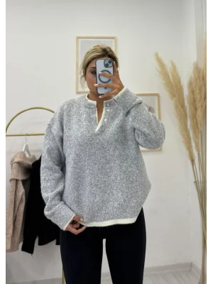 Oversize Düğmeli Henley Yaka Basic Triko Kazak - Açık Gri