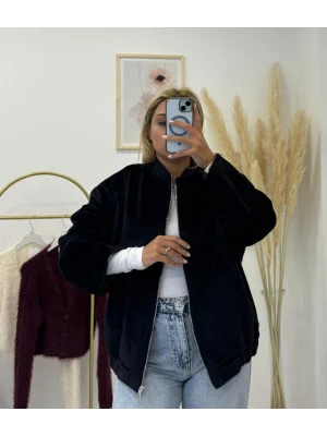 Fermuarlı Teddy Kumaş Oversize Bomber Ceket